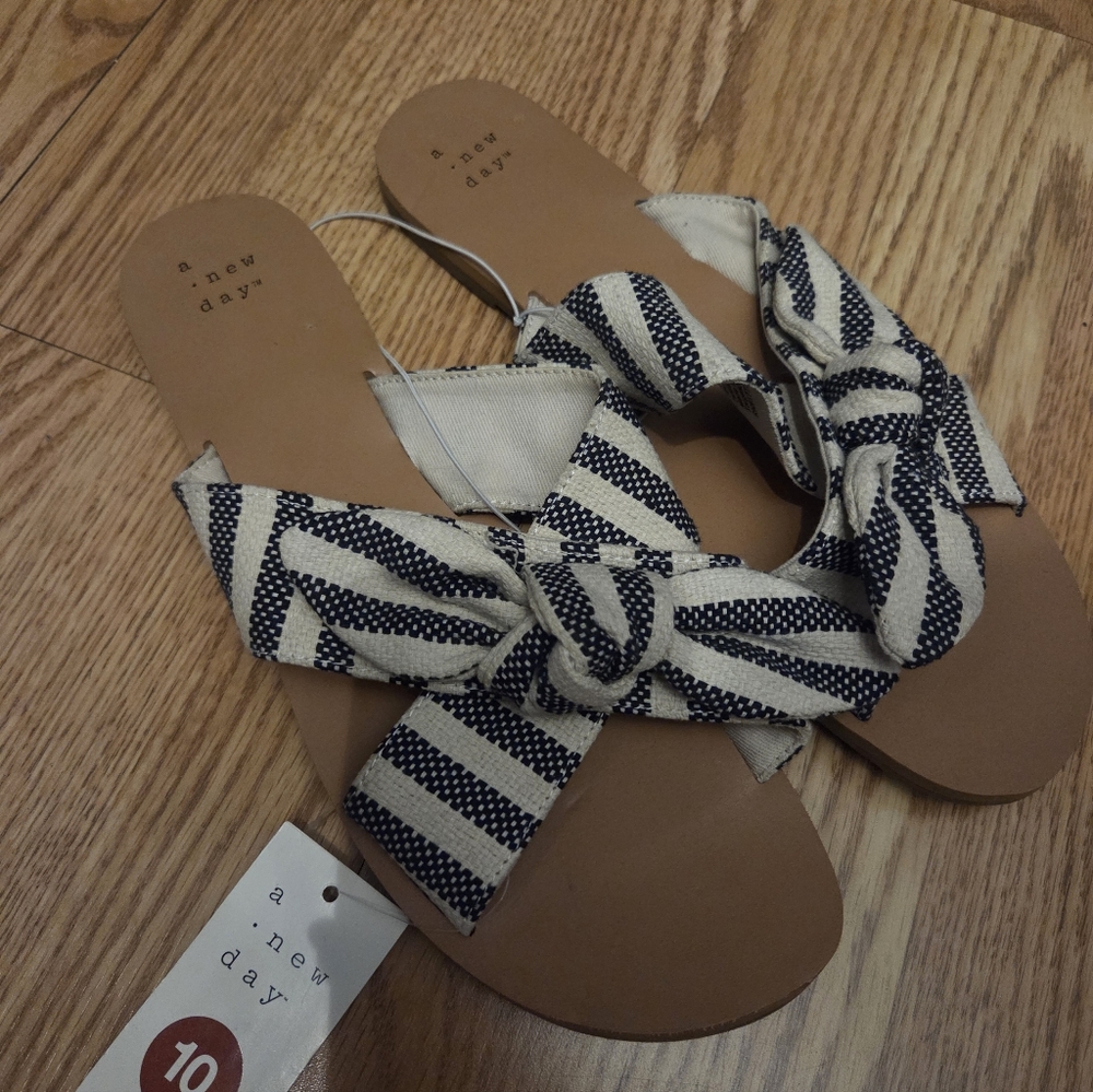 a new day White and Navy Blue Striped Knot Slide Sandals